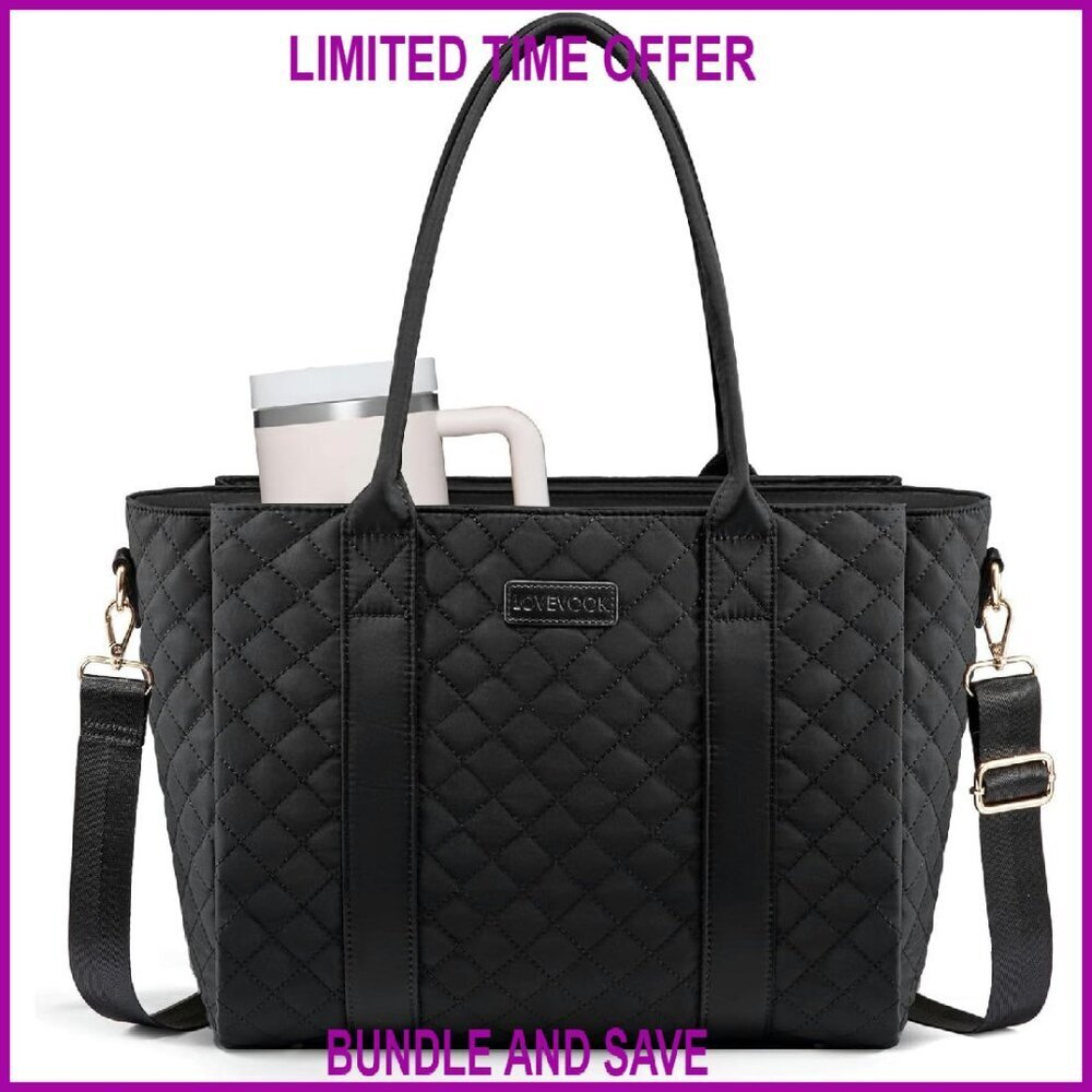 Quilted Laptop Tote Bag for Work Travel Large Shoulder Bag with Zipper